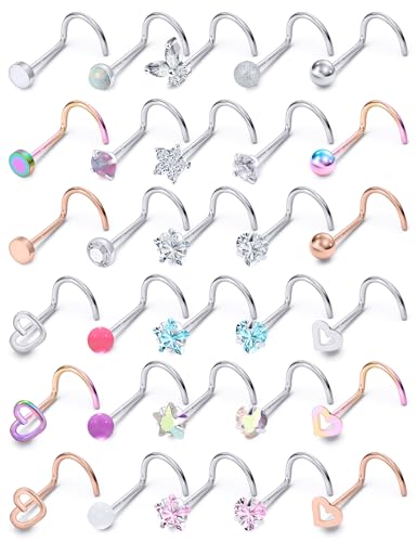 Prjndjw 20G 18G Nose Rings Studs Surgical Steel Nose Stud Glow Dark Heart Opal CZ Flower Nose Piercing Jewelry Nose Rings for Women Straight Screw L Shaped Nose Rings Hypoallergenic Nose Piercing Kit - color: 20G-Twisted nose rings