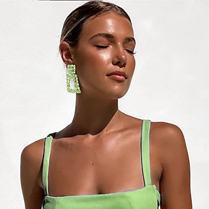 Flyonce Rectangle Clip-on Drop Earrings for Women, Sparkly Rhinestone Crystal Geometric Statement Non Pierced Earring Wedding Prom Party Jewelry for Brides Bridesmaid - color: Light Green