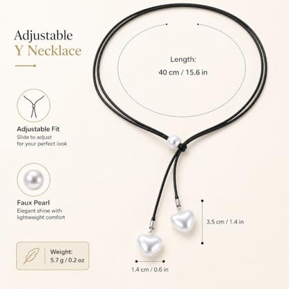 A Bohemian Style Heart Faux Pearl Leather Cord Necklace Y Drop Necklace Black Leather Wrap Choker Necklace Gothic Tie Up Necklace Chain Jewelry for Women