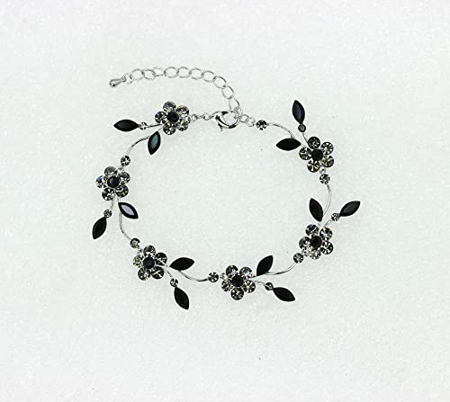 Faship Gorgeous Rhinestone Crystal Floral Necklace Earrings Set - color: Black / Matching Bracelet