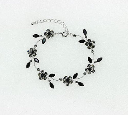 Faship Gorgeous Rhinestone Crystal Floral Necklace Earrings Set - color: Black / Matching Bracelet