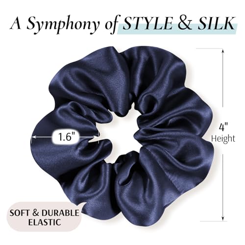 Zenssia Silk Scrunchies for Hair, Mulberry Silk Hair Ties for Women and Girls, No Damage Elastic Ponytail Holders（Black, Navy, Silvergrey） - color: Black Navy Silvergrey
