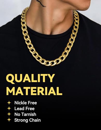 ChainsHouse Cuban Link Chain Necklace Men Women, 5/9/12/15mm Width, Stainless Steel/14K Gold Plated Cuban Necklace, 14"-30" Length, with Gift Box - color: L: Cuban-15mm-gold, size: 22.0 Inches