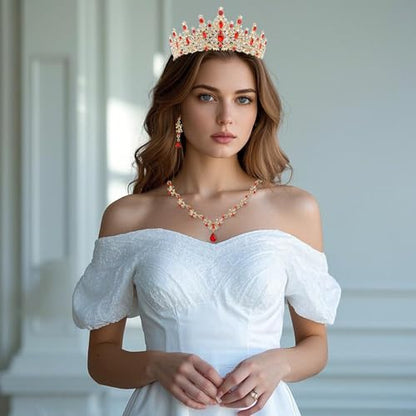 Crystal Crown Jewelry Set for Women Bride Queen Tiara Earrings and Necklace | Metal Royal Crown Costume Jewelry Set Wedding Prom Quinceanera Party Pageant Halloween Retirement Christmas Birthday Gift - color: Red