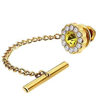 AMITER Crystal/Pearl Tie Tack with Chain, Gold Mens Tie Pin Necktie Pins Lapel Pin for Wedding Birthday Anniversary Party - color: 24k Gold+Yellow Crystal