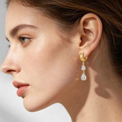 Gold Dangle Earrings for Women 14K Gold Plated Chunky Huggie Hoops Drop Earring Trendy Cubic Zirconia Diamond Crystal Round Teardrop Heart Charm Hypoallergenic Statement Jewelry Gifts - color: gold-teardrop CZ