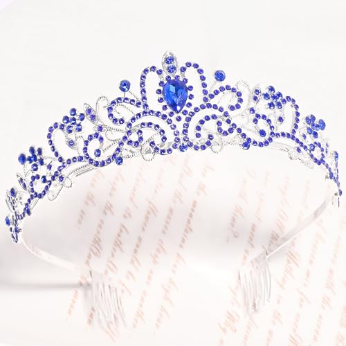 TAROSE Tiaras for Women, Birthday Crown and Sash for Girls | Birthday Sash Sunglasses Outfit, Birthday Gift for Women Girls, Goddess Crown Bride/Halloween/Prom/Party/Costume - color: 1 F. Silver+royal Blue