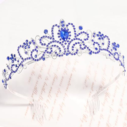 TAROSE Tiaras for Women, Birthday Crown and Sash for Girls | Birthday Sash Sunglasses Outfit, Birthday Gift for Women Girls, Goddess Crown Bride/Halloween/Prom/Party/Costume - color: 1 F. Silver+royal Blue