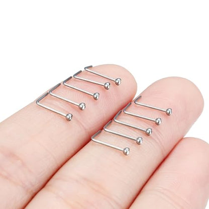 Hoeudjo Nose Studs Surgical Steel Cubic Zirconia Nose Rings Kit for Women Men Tiny Nose Stud Bone & Screw & L Shaped Nostril Piercing Jewelry 18/20/22/24 Gauge 10 Pieces - color: silver-tone,L-shaped nose studs, size: 24g/1.5mm clear CZ
