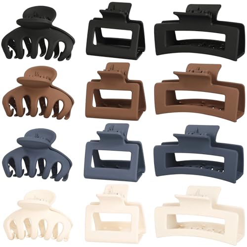 Small Medium Claw Clips for Women, 3 Styles Hair Clips for Thick and Thin Hair, Non-slip Strong Hold, 12 Pcs (White, Blue, Brown, Black) - color: White, Blue, Khaki, Black