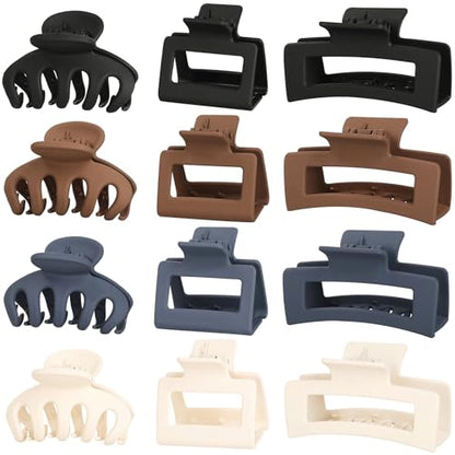 Small Medium Claw Clips for Women, 3 Styles Hair Clips for Thick and Thin Hair, Non-slip Strong Hold, 12 Pcs (White, Blue, Brown, Black) - color: White, Blue, Khaki, Black