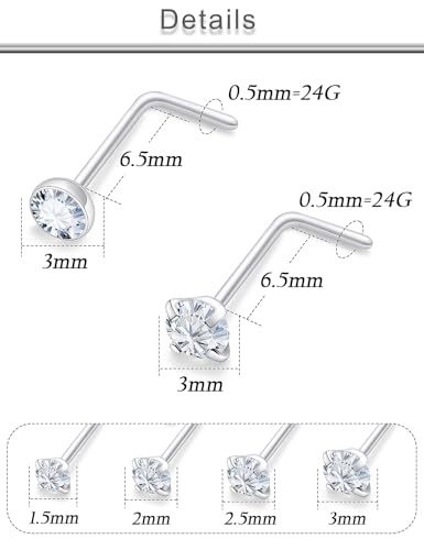 18G 20G 22G 24G Nose Rings Studs 316L Surgical Steel L Shaped Nose Nostril Studs Piercing Jewelry for Women Men Silver Gold Black CZ 1.5mm 2mm 2.5mm 3mm 3.5mm 4mm - style: Silver-24G(0.5mm)-7mm Bars-1.5mm 2mm 2.5mm 3mm CZ