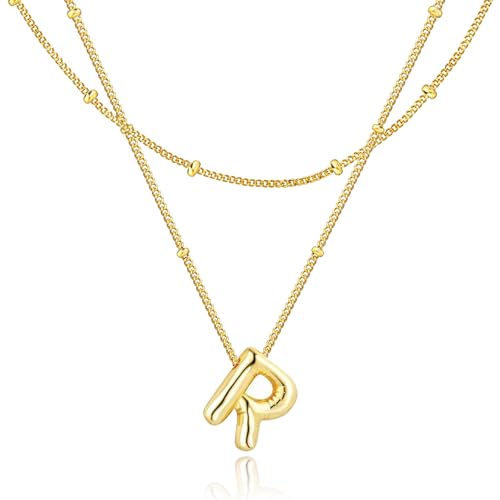 Bubble Letter Necklace for Women, 14k Gold Plated Initial Letter Pendant Necklace Personalized Jewelry A - Z 26 letters - style: Gold-R
