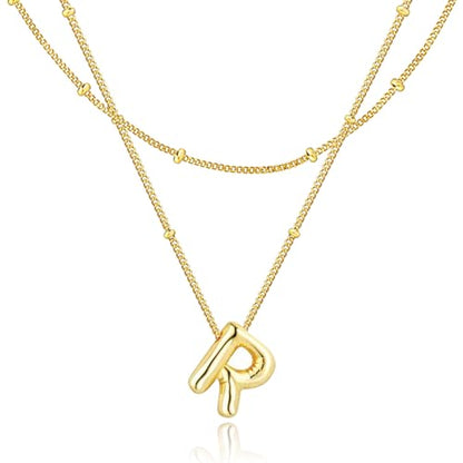 Bubble Letter Necklace for Women, 14k Gold Plated Initial Letter Pendant Necklace Personalized Jewelry A - Z 26 letters - style: Gold-R