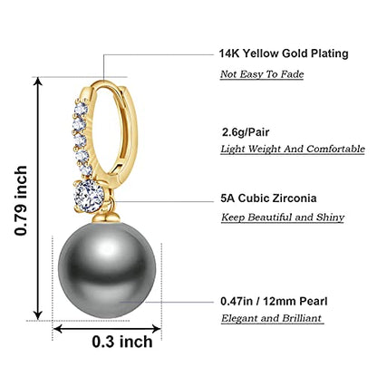 Pearl Earrings for Women 14K Gold Plated Hypoallergenic Pearl Earrings 5A Cubic Zirconia Dangle Earrings Elegant Jewelry - color: 2-Gold-black