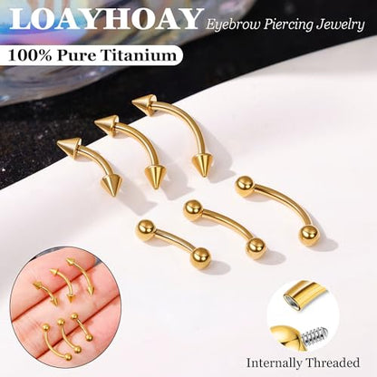 6PCS 16G G23 Titanium Eyebrow Piercing Jewelry for Women Curved Barbell Tiny Eyebrow Ring Vertical Labret Belly Lip Tongue Ring Internally Threaded Rook Tragus Daith Earring 6/8/10mm - color: Gold A