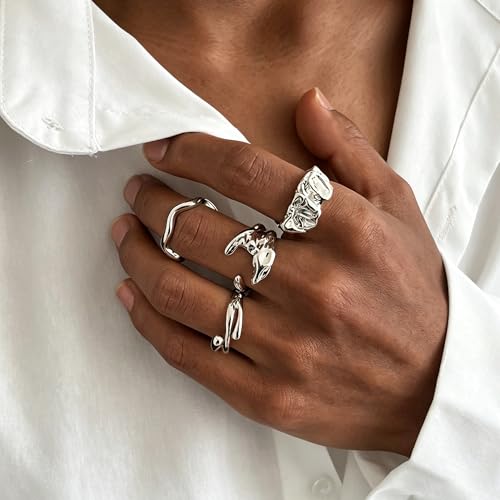 4Pcs Irregular Wavy Open Rings Minimalist Gold Silver Tone Jewelry for Men - color: A Silver