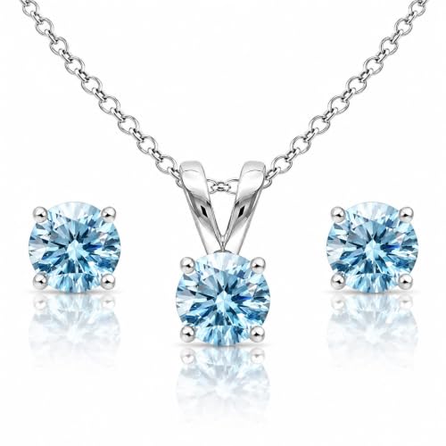 B. BRILLIANT Sterling Silver Small Dainty Crystal Solitaire Necklace & Stud Earrings Birthstone Jewelry Set for Women Bridesmaids - color: March - Light Blue
