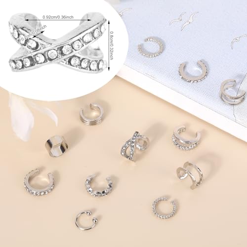 12pcs Silver Ear Cuffs Non Piercing, Alloy Non Pierced Clip on Cartilage Adjustable Stylish Fake Earrings for Women