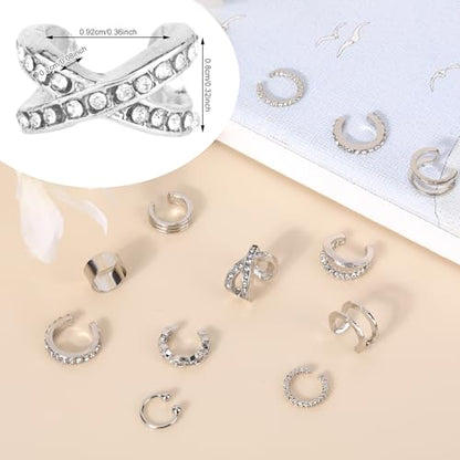 12pcs Silver Ear Cuffs Non Piercing, Alloy Non Pierced Clip on Cartilage Adjustable Stylish Fake Earrings for Women