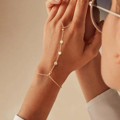 Hand Chain Bracelet Stainless Steel Gold Handchain Bracelets | Non Tarnish Handchain Bracelet for Women Summer Essentials Gold Link Bracelet Beach Waterproof Jewelry - color: Gold Cubic Zirconia