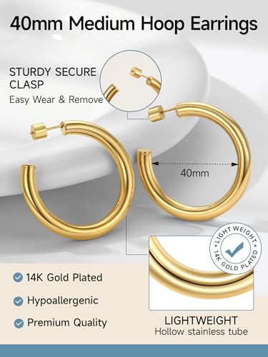 PROSTEEL Chunky Hoop Earrings for Women 14K Gold Plated/Black/Silver | 20/30/40/50/60/70/80mm Stainless Steel Thick Big Round Hoop with Waterproof and Non Tarnish Trendy Jewelry with Gift Box - color: 2. Gold, size: 40MM