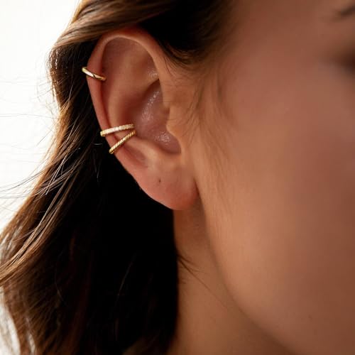 Carffordo 3Pcs Ear Cuffs Non Piercing for Women, Dainty Clip on Earrings | Trendy 14K Gold Plated Ear Cuff with Cubic Zirconia, Fake Piercing Cartilage Earrings, Lightweight Jewelry for Daily Wear - color: 01-Gold Ear Cuff