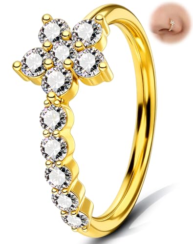 Melighting 20G Butterfly Nose Ring Hoop 8 mm Open Seamless Nose Piercing Jewelry Surgical Steel 316L, Twist Nostril Ring with Marquise and Round CZ, Silver Flower Body Piercing for Women - style: Flower Gold