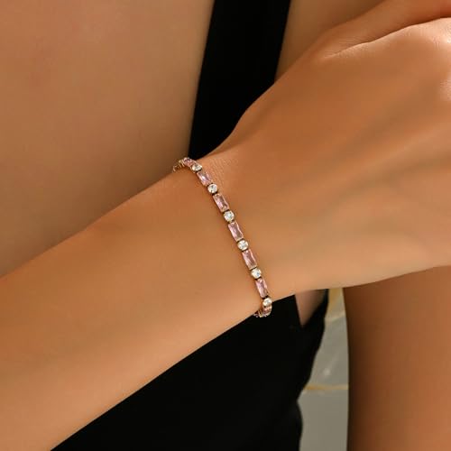 18K Gold Plated Multi-Color Classic Tennis Bracelet for Women Dainty Color 3mm Rainbow Cubic Zirconia Bracelet Adjustable CZ Gold Bracelets Trendy Summer Jewelry Gift - style: Pink-Gold
