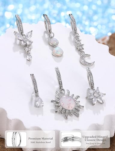 JOERICA 6 Pcs 14G Clicker Belly Button Ring for Women 316L Surgical Steel Butterfly Snake Evil Eye Heart CZ Opal Dangle Belly Button Rings Simple Reverse Navel Rings Body Belly Piercing Jewelry - color: Sliver Tone B