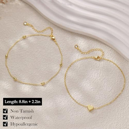 Gold Silver Ankle Bracelets for Women Waterproof 14K Gold Plated Anklets for Women Non Tarnish Dainty Layered Beaded Heart Anklet Set Summer Beach Foot Chain Jewelry Gifts Trendy Stuff - color: E- Heart Anklets- Gold