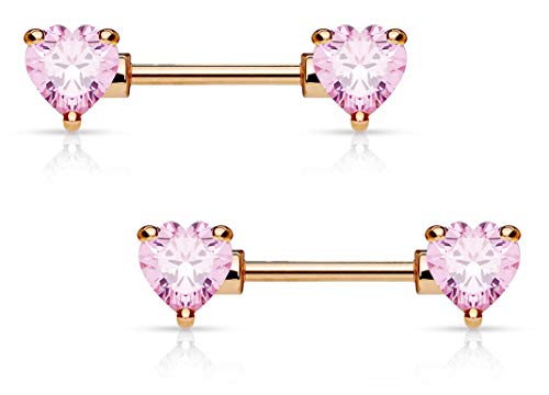 Forbidden Body Jewelry Pair of Surgical Steel 1/2-5/8 Inch (12-16mm) Cubic Zirconia Crystal Double Heart Nipple Barbells - style: Pink (Rose Gold Tone)