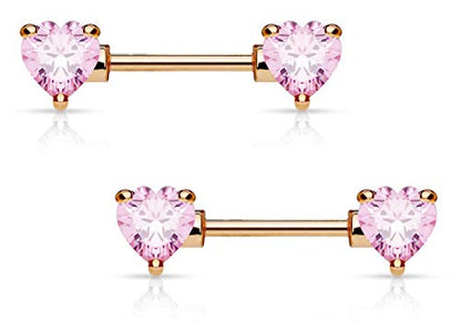Forbidden Body Jewelry Pair of Surgical Steel 1/2-5/8 Inch (12-16mm) Cubic Zirconia Crystal Double Heart Nipple Barbells - style: Pink (Rose Gold Tone)