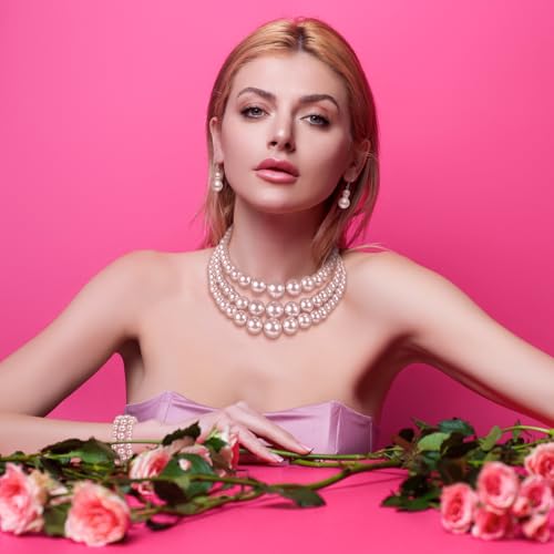 Haysandy Pearl Jewelry Set for Women 20s Jewelry Gift | Retro Layered Necklace Bracelet Earring, Costume Accessories for Derby Wedding Prom Party, Dress Matching Occasions - color: Light Pink