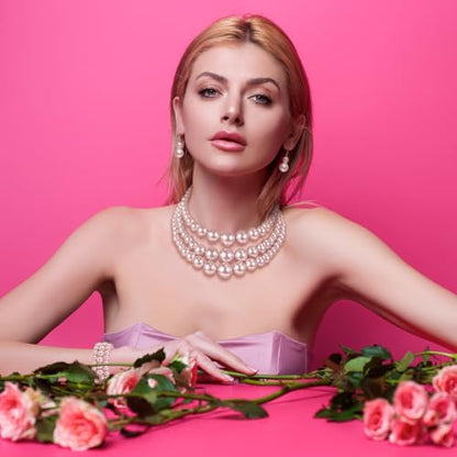 Haysandy Pearl Jewelry Set for Women 20s Jewelry Gift | Retro Layered Necklace Bracelet Earring, Costume Accessories for Derby Wedding Prom Party, Dress Matching Occasions - color: Light Pink