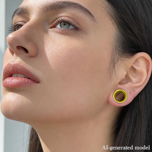 12G-25mm Double Flare Thin Gauges Tunnels Plugs Stretching Kit 316L Surgical Stainless Steel Hollow Gauge Tunnel Plug for Ear 12G 10G 8G 6G 4G 2G 0G 00G 12mm 14mm 16mm 18mm 20mm 22mm 25mm - color: Gold Tone, size: 00G(10.0mm)-25mm