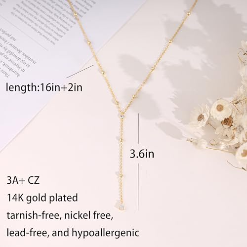 Long Gold Necklace For Women,Dainty Lariat Y Necklace 14K Gold Plated Cute Cubic Zirconia Lariat Necklaces Trendy Simple Statement Rhinestone Choker Necklaces Summer Jewelry - color: Gold-style 2