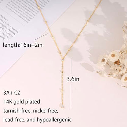 Long Gold Necklace For Women,Dainty Lariat Y Necklace 14K Gold Plated Cute Cubic Zirconia Lariat Necklaces Trendy Simple Statement Rhinestone Choker Necklaces Summer Jewelry - color: Gold-style 2