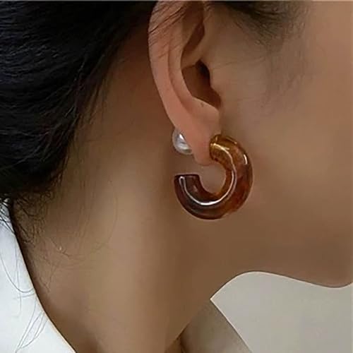 Chunky Acrylic Hoop Earrings White Resin Open Circle Hoop Earrings Round Pearl Studs Thick Acrylic C Shape Earring Pearl Front Back Earring Jewelry for Women - color: Brown