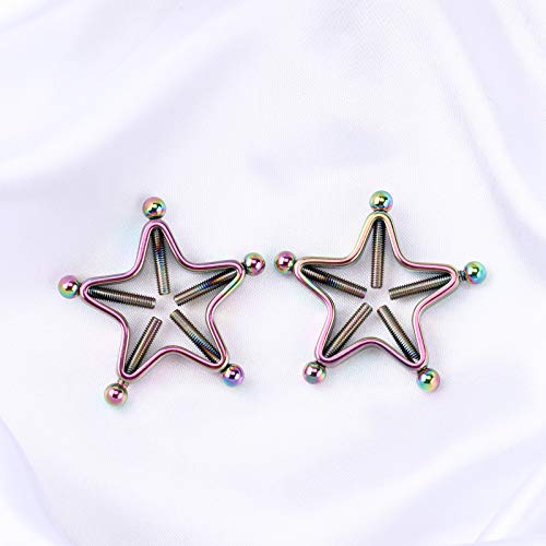 1 Pair Adults Non-Piercings Nipple Shield Adjustable Body Piercing Geometric Stars Nipple Clamp Ring Body Jewelry - color: #1 Rainbow Color