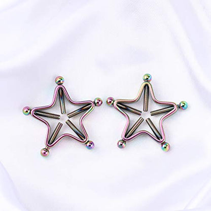 1 Pair Adults Non-Piercings Nipple Shield Adjustable Body Piercing Geometric Stars Nipple Clamp Ring Body Jewelry - color: #1 Rainbow Color