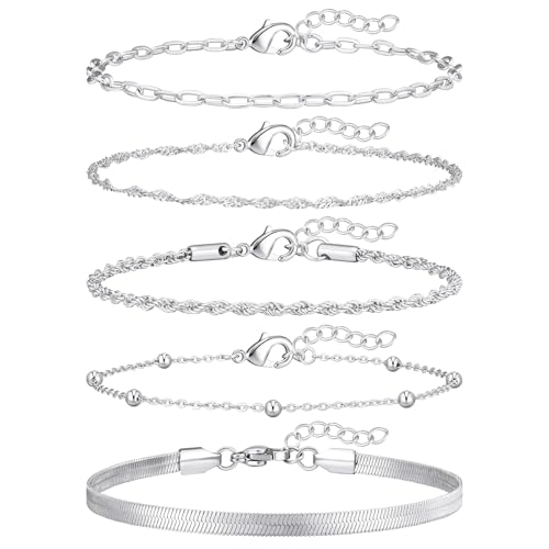 Gold Bracelets for Women, 14K Gold Plated Stackable Bracelet Stack Set Adjustable Charm Paperclip Chain Cuban Link Layered Waterproof Jewelry Sets Gifts for Womens 6.5 Inch - color: Silver-A 6.5 IN