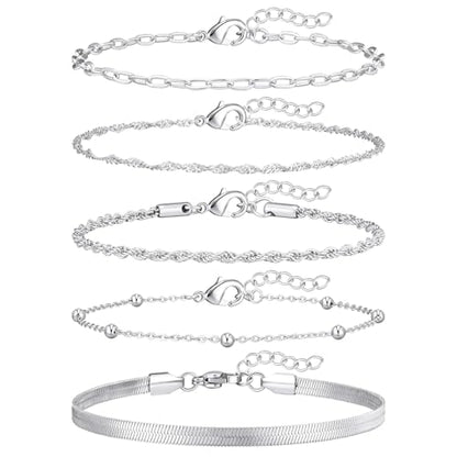 Gold Bracelets for Women, 14K Gold Plated Stackable Bracelet Stack Set Adjustable Charm Paperclip Chain Cuban Link Layered Waterproof Jewelry Sets Gifts for Womens 6.5 Inch - color: Silver-A 6.5 IN