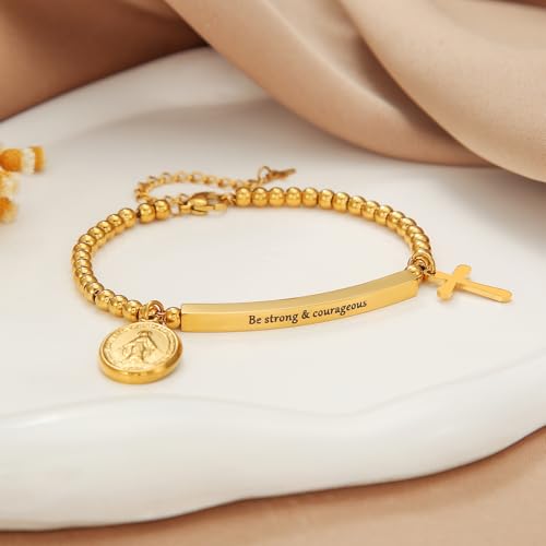 DS Inspirational Bracelet for Women Christian Engraved Bibler Verse Cross Butterfly Daisies Charm Bracelet, Exquisite Stainless Steel Jewelry Daughter Best Friend Bestie - style: Be strong & courageous-Gold