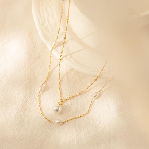 Plenky Pearl Necklaces for Women-14k Gold Plated Layered-Single Pearl Necklace Simple Pearl Choker Necklaces for Women Trendy Cute Gold Necklace Jewelry for Women Gifts - style: Double Pearl Necklace