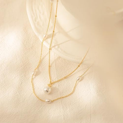Plenky Pearl Necklaces for Women-14k Gold Plated Layered-Single Pearl Necklace Simple Pearl Choker Necklaces for Women Trendy Cute Gold Necklace Jewelry for Women Gifts - style: Double Pearl Necklace