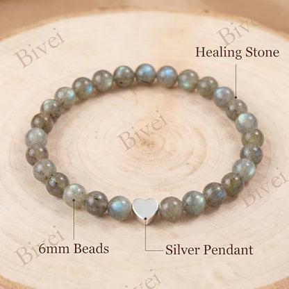 Bivei Crystal Stretch 6mm Bracelets for Women | Handmade Natural Stone Beaded Stretch Bracelet, Stainless Steel Heart Bead, Tranquility Yoga Gift Jewelry for Women - color: Labradorite - Protective
