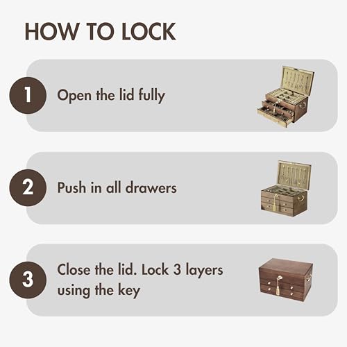 Wooden Jewelry Box with Lock and Key, Medium Size Case, 2 Drawers | Real Natural Wood Lockable Antique Organizer with Large Storage, Ring Compartments, Necklace Hooks
