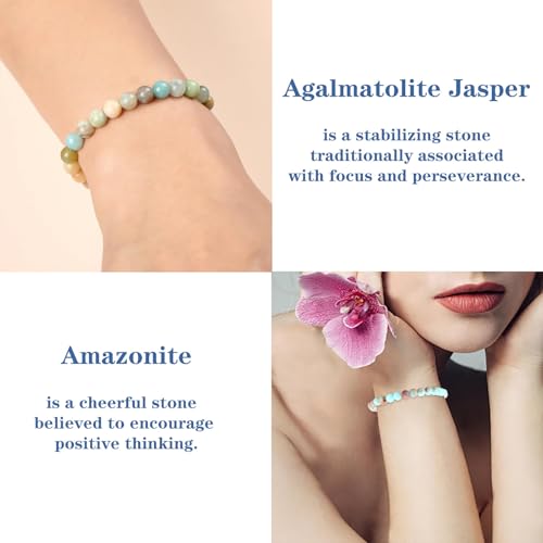 4mm 6mm 8mm Healing Crystal Bracelets for Women Men Natural Stone Beaded Stretch Bracelet Handmade Gemstone Reiki Spiritual Jewelry Gifts - color: Amazonite+Agalmatolite Jasper-Lucky, size: 6mm