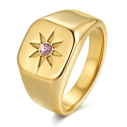 YeGieonr Non Tarnish Gold Rings for Women, Waterproof Gold Signet Ring, 18K Gold Plated Stackable Rings for Everyday Wear - color: Sqaure Pink